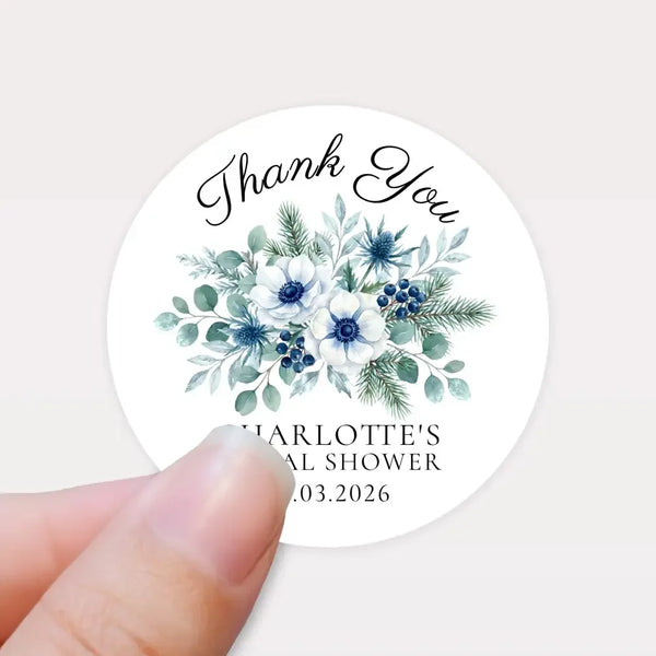 Personalised Winter Blue Bridal Shower Thank You Stickers – Custom Name & Date – Watercolour Floral Favour Labels - Sticksy Prints Australia