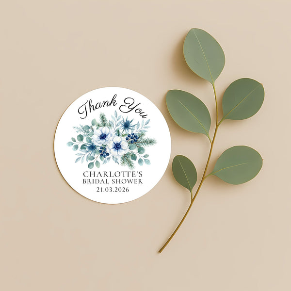 Personalised Winter Blue Bridal Shower Thank You Stickers – Custom Name & Date – Watercolour Floral Favour Labels