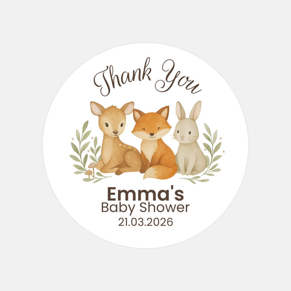 Personalised Woodland Animal Baby Shower Thank You Stickers – Watercolour Fawn Fox Bunny Favour Labels