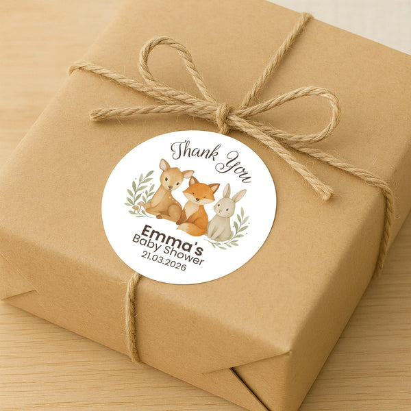 Personalised Woodland Animal Baby Shower Thank You Stickers – Watercolour Fawn Fox Bunny Favour Labels