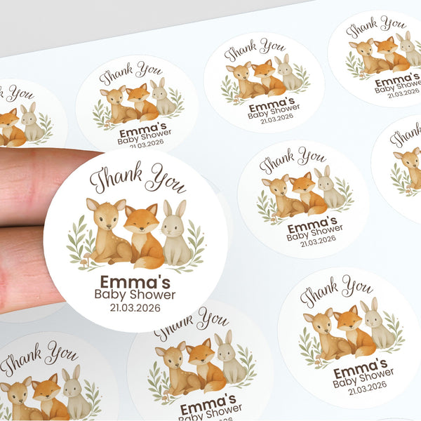 Personalised Woodland Animal Baby Shower Thank You Stickers – Watercolour Fawn Fox Bunny Favour Labels