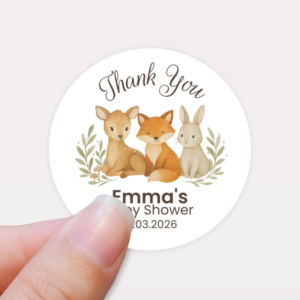 Personalised Woodland Animal Baby Shower Thank You Stickers – Watercolour Fawn Fox Bunny Favour Labels