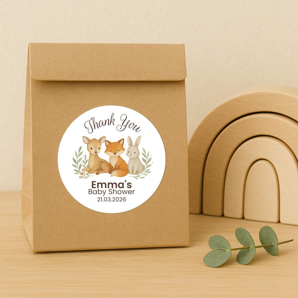 Personalised Woodland Animal Baby Shower Thank You Stickers – Watercolour Fawn Fox Bunny Favour Labels