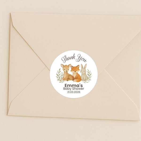 Personalised Woodland Animal Baby Shower Thank You Stickers – Watercolour Fawn Fox Bunny Favour Labels