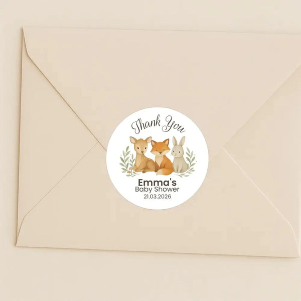 Personalised Woodland Animal Baby Shower Thank You Stickers – Watercolour Fawn Fox Bunny Favour Labels - Sticksy Prints Australia
