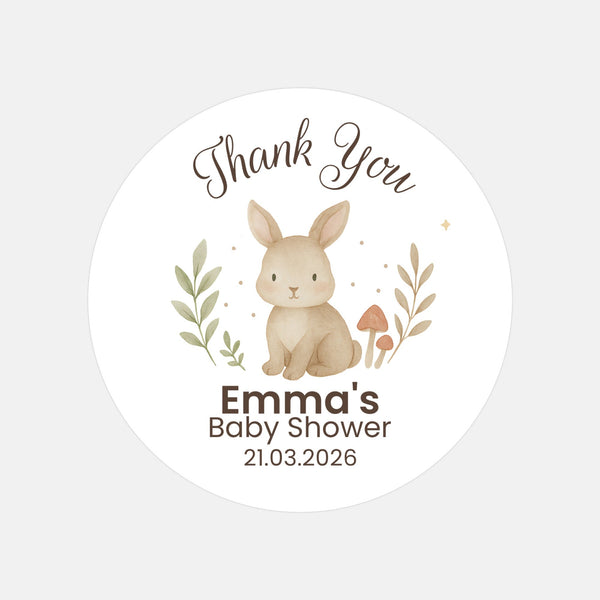 Personalised Woodland Bunny Baby Shower Thank You Stickers – Watercolour Rabbit Favour Labels
