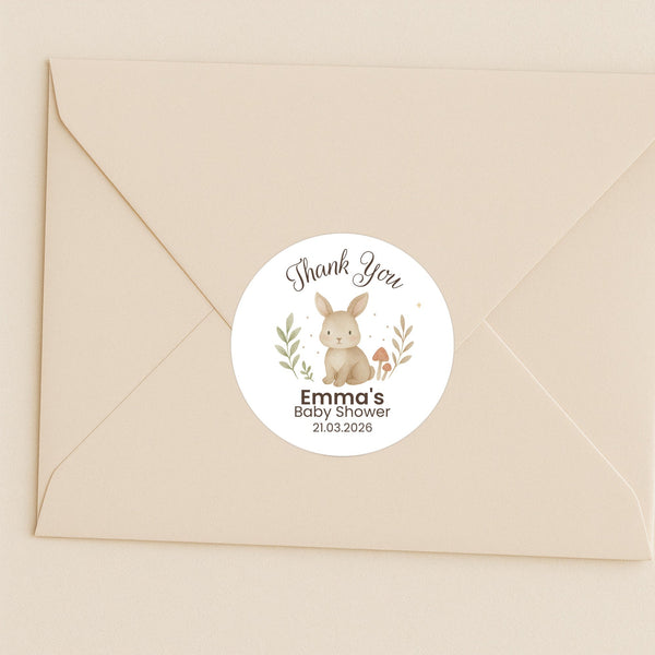 Personalised Woodland Bunny Baby Shower Thank You Stickers – Watercolour Rabbit Favour Labels
