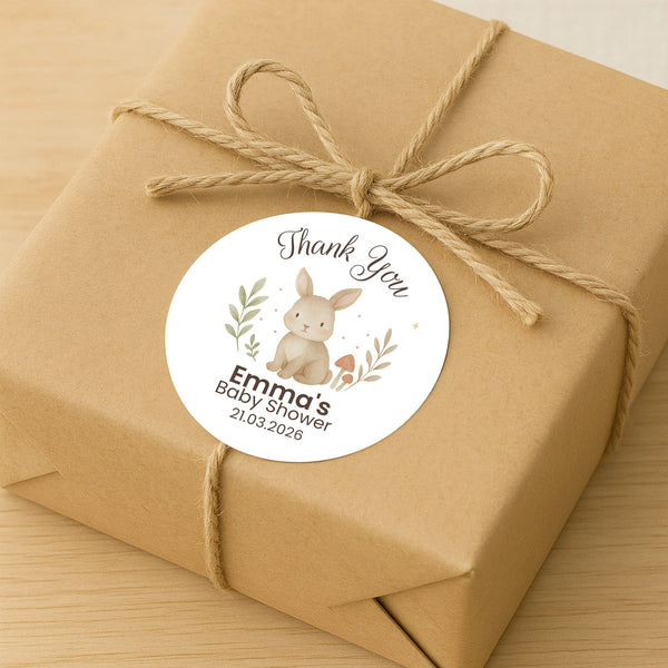 Personalised Woodland Bunny Baby Shower Thank You Stickers – Watercolour Rabbit Favour Labels