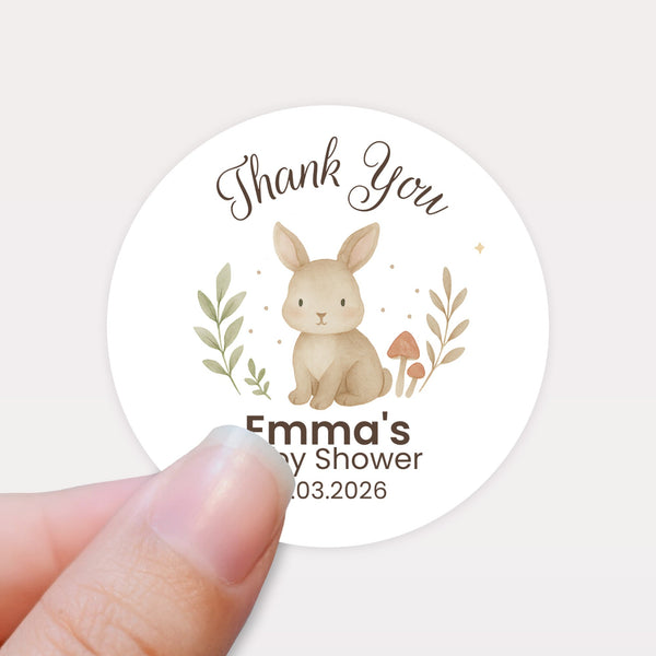 Personalised Woodland Bunny Baby Shower Thank You Stickers – Watercolour Rabbit Favour Labels