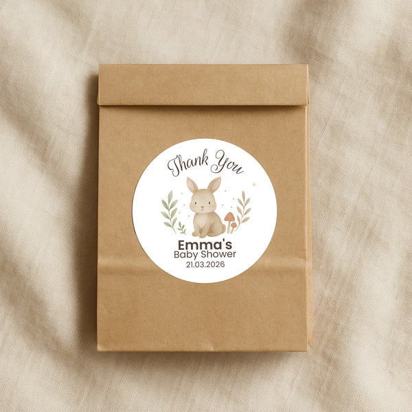 Personalised Woodland Bunny Baby Shower Thank You Stickers – Watercolour Rabbit Favour Labels