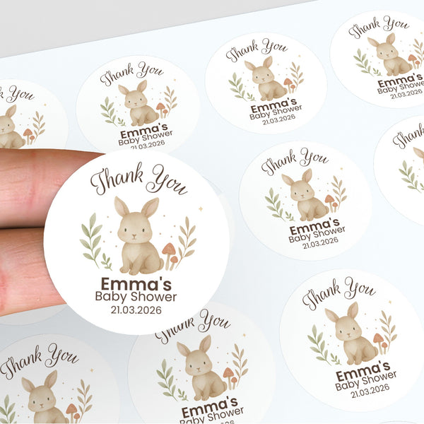 Personalised Woodland Bunny Baby Shower Thank You Stickers – Watercolour Rabbit Favour Labels