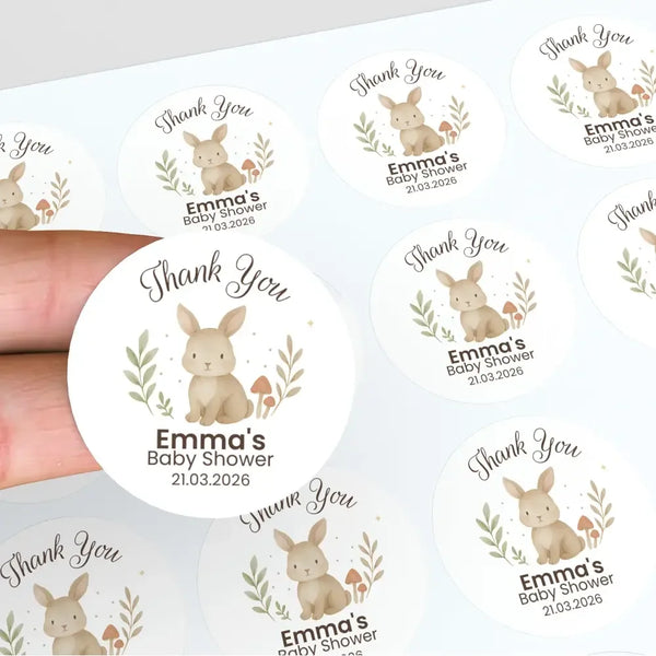 Personalised Woodland Bunny Baby Shower Thank You Stickers – Watercolour Rabbit Favour Labels - Sticksy Prints Australia