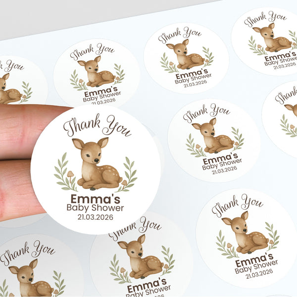 Personalised Woodland Deer Baby Shower Thank You Stickers – Watercolour Fawn Favour Labels