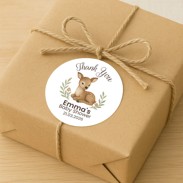 Personalised Woodland Deer Baby Shower Thank You Stickers – Watercolour Fawn Favour Labels