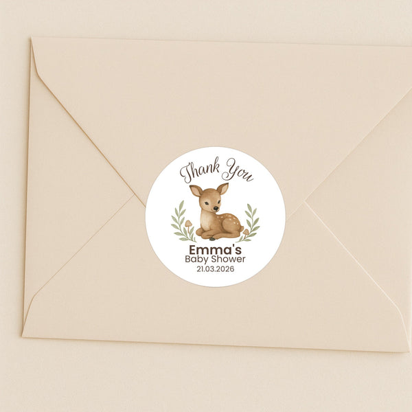 Personalised Woodland Deer Baby Shower Thank You Stickers – Watercolour Fawn Favour Labels
