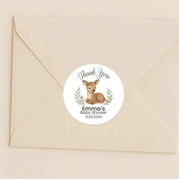 Personalised Woodland Deer Baby Shower Thank You Stickers – Watercolour Fawn Favour Labels - Sticksy Prints Australia
