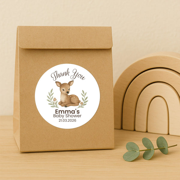 Personalised Woodland Deer Baby Shower Thank You Stickers – Watercolour Fawn Favour Labels