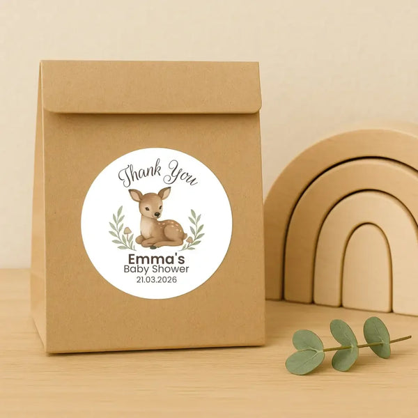 Personalised Woodland Deer Baby Shower Thank You Stickers – Watercolour Fawn Favour Labels - Sticksy Prints Australia