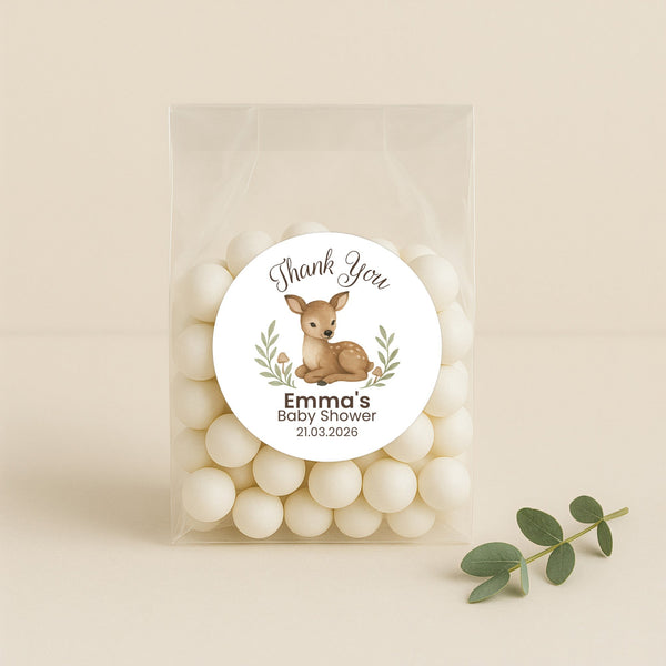 Personalised Woodland Deer Baby Shower Thank You Stickers – Watercolour Fawn Favour Labels