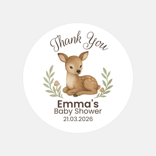 Personalised Woodland Deer Baby Shower Thank You Stickers – Watercolour Fawn Favour Labels
