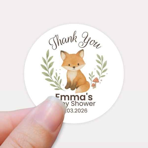 Personalised Woodland Fox Baby Shower Thank You Stickers – Watercolour Forest Favour Labels