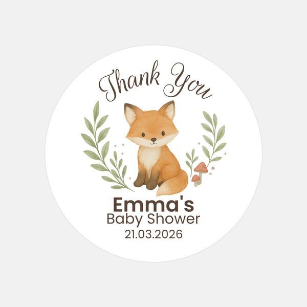 Personalised Woodland Fox Baby Shower Thank You Stickers – Watercolour Forest Favour Labels