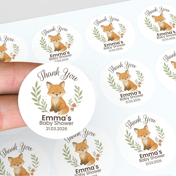 Personalised Woodland Fox Baby Shower Thank You Stickers – Watercolour Forest Favour Labels