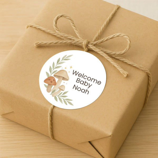 Personalised Woodland Mushroom Welcome Baby Stickers – Watercolour Forest Gender-Neutral Favour Labels