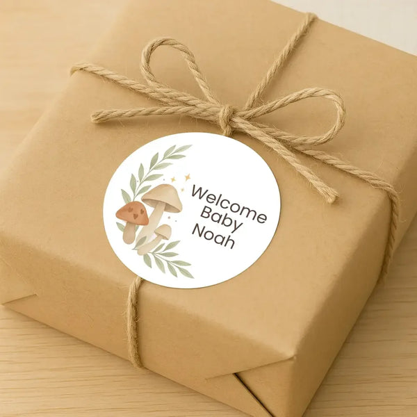 Personalised Woodland Mushroom Welcome Baby Stickers – Watercolour Forest Gender-Neutral Favour Labels - Sticksy Prints Australia