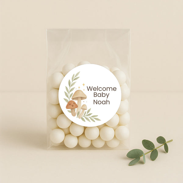 Personalised Woodland Mushroom Welcome Baby Stickers – Watercolour Forest Gender-Neutral Favour Labels