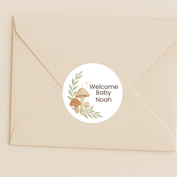 Personalised Woodland Mushroom Welcome Baby Stickers – Watercolour Forest Gender-Neutral Favour Labels