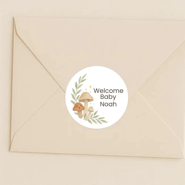 Personalised Woodland Mushroom Welcome Baby Stickers – Watercolour Forest Gender-Neutral Favour Labels - Sticksy Prints Australia