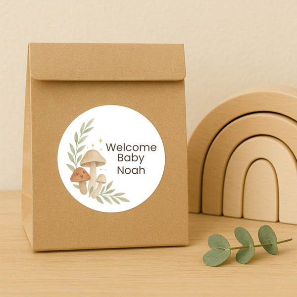 Personalised Woodland Mushroom Welcome Baby Stickers – Watercolour Forest Gender-Neutral Favour Labels