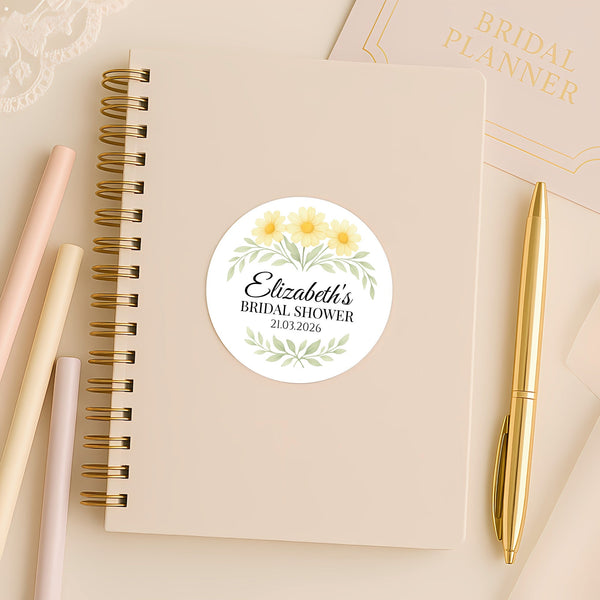 Personalised Yellow Daisy Bridal Shower Stickers – Custom Name & Date – Watercolour Floral Favour Labels