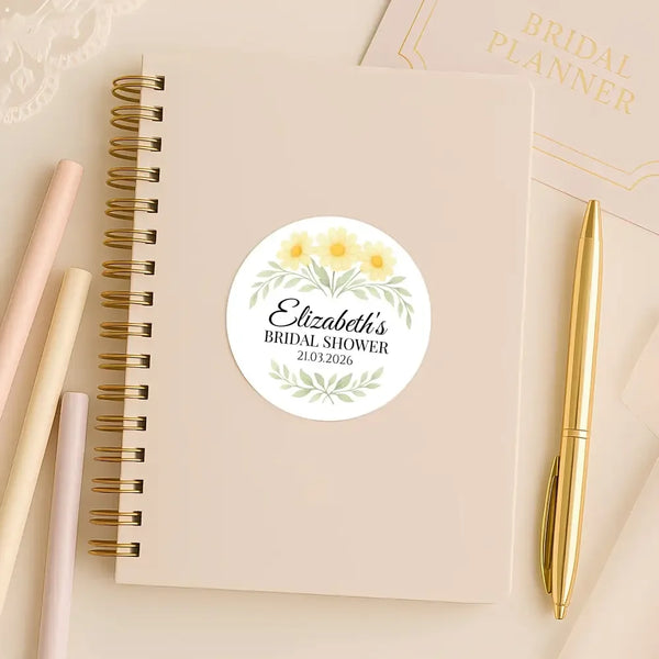 Personalised Yellow Daisy Bridal Shower Stickers – Custom Name & Date – Watercolour Floral Favour Labels - Sticksy Prints Australia