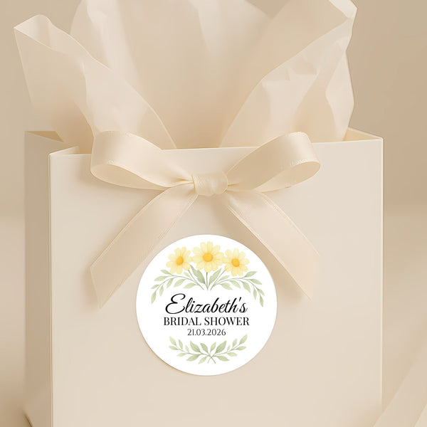 Personalised Yellow Daisy Bridal Shower Stickers – Custom Name & Date – Watercolour Floral Favour Labels
