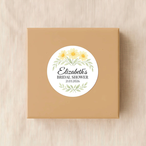 Personalised Yellow Daisy Bridal Shower Stickers – Custom Name & Date – Watercolour Floral Favour Labels