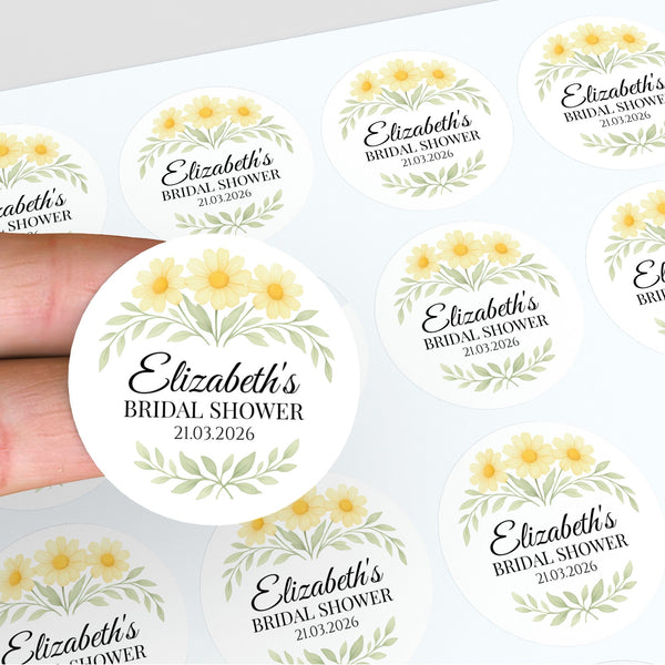 Personalised Yellow Daisy Bridal Shower Stickers – Custom Name & Date – Watercolour Floral Favour Labels