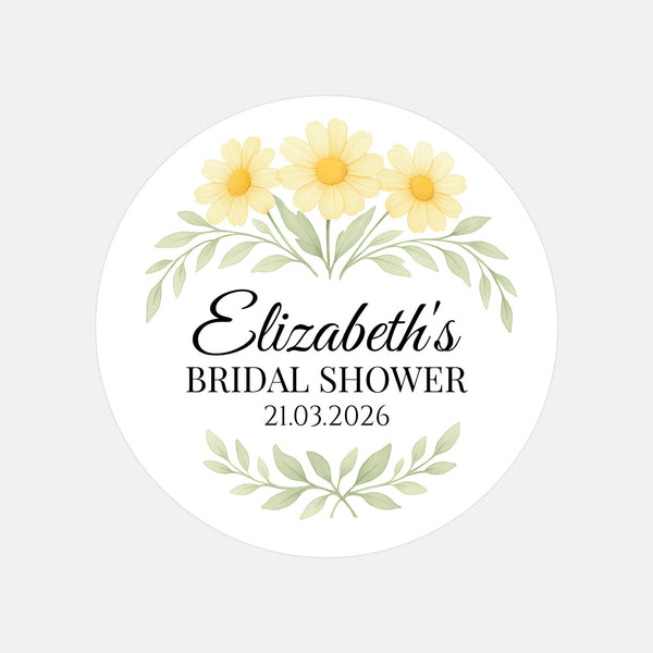 Personalised Yellow Daisy Bridal Shower Stickers – Custom Name & Date – Watercolour Floral Favour Labels