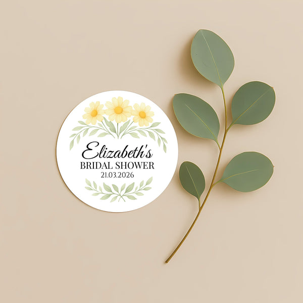 Personalised Yellow Daisy Bridal Shower Stickers – Custom Name & Date – Watercolour Floral Favour Labels