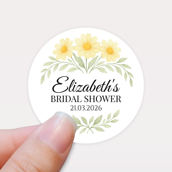 Personalised Yellow Daisy Bridal Shower Stickers – Custom Name & Date – Watercolour Floral Favour Labels