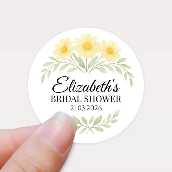 Personalised Yellow Daisy Bridal Shower Stickers – Custom Name & Date – Watercolour Floral Favour Labels - Sticksy Prints Australia