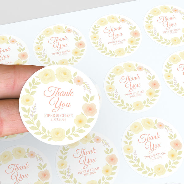 Personalised Yellow & Peach Rose Wedding Thank You Stickers – Custom Floral Favour Labels