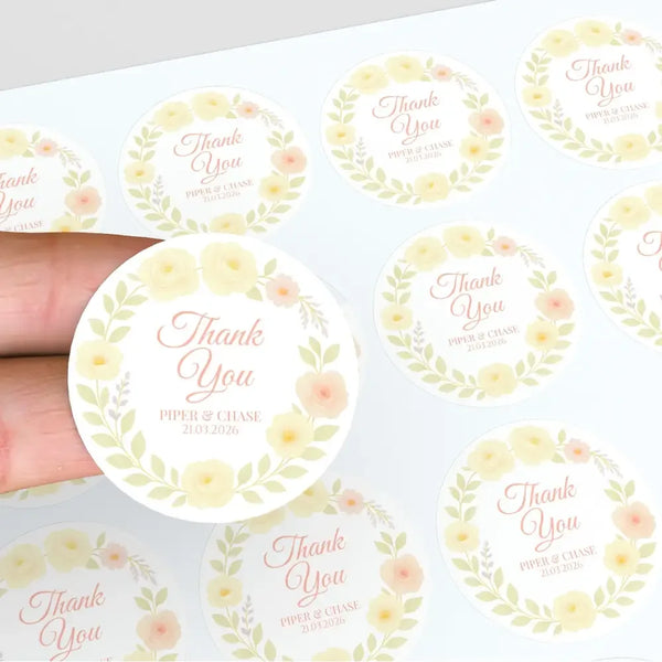 Personalised Yellow & Peach Rose Wedding Thank You Stickers – Custom Floral Favour Labels - Sticksy Prints Australia