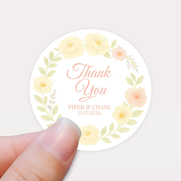 Personalised Yellow & Peach Rose Wedding Thank You Stickers – Custom Floral Favour Labels