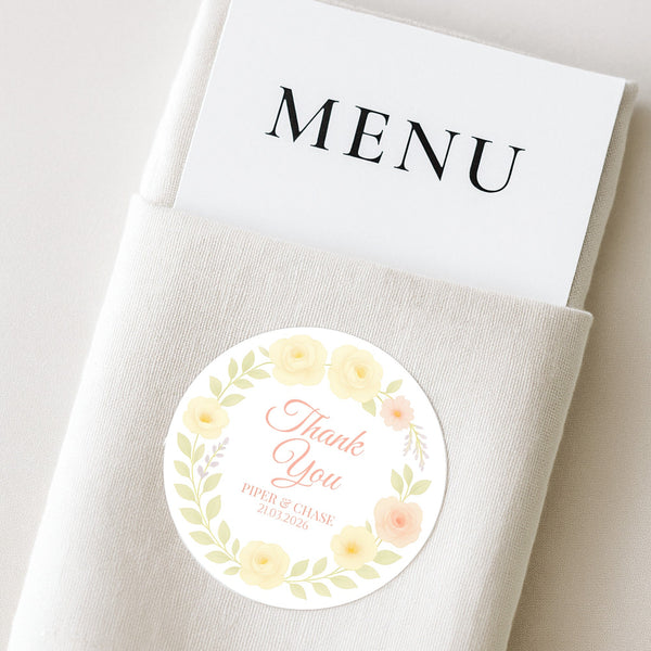 Personalised Yellow & Peach Rose Wedding Thank You Stickers – Custom Floral Favour Labels