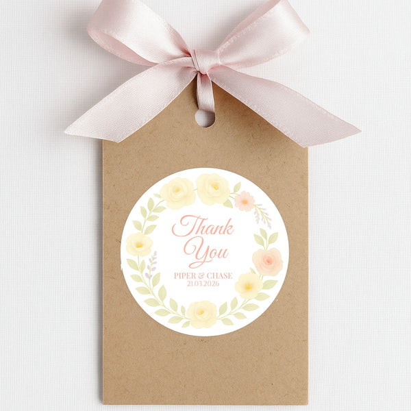 Personalised Yellow & Peach Rose Wedding Thank You Stickers – Custom Floral Favour Labels