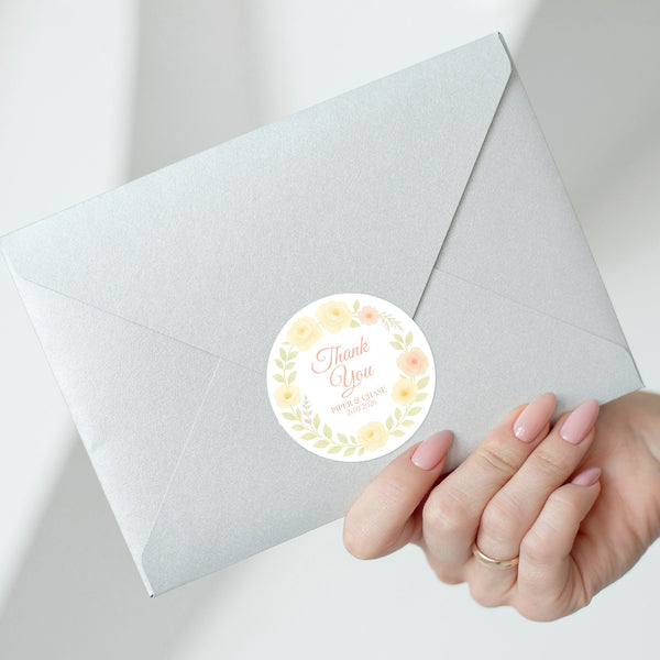 Personalised Yellow & Peach Rose Wedding Thank You Stickers – Custom Floral Favour Labels