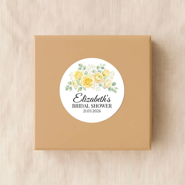 Personalised Yellow Rose Bridal Shower Stickers – Custom Name & Date – Watercolour Floral Favour Labels