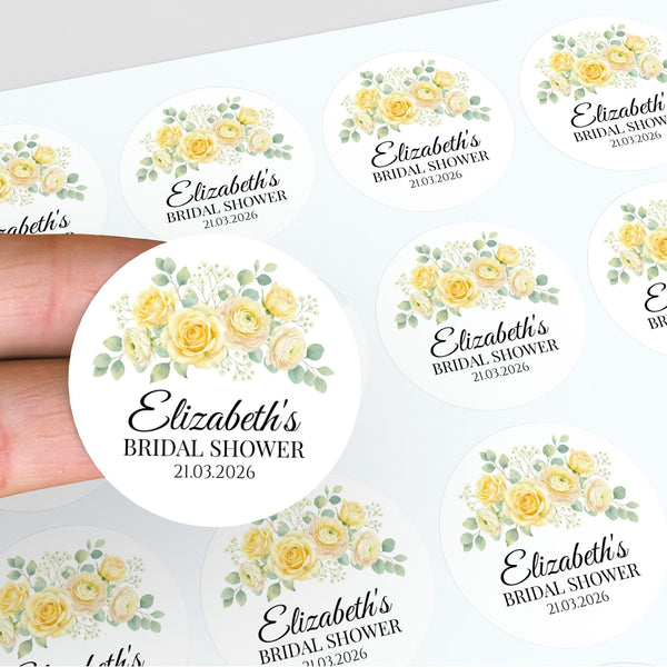 Personalised Yellow Rose Bridal Shower Stickers – Custom Name & Date – Watercolour Floral Favour Labels